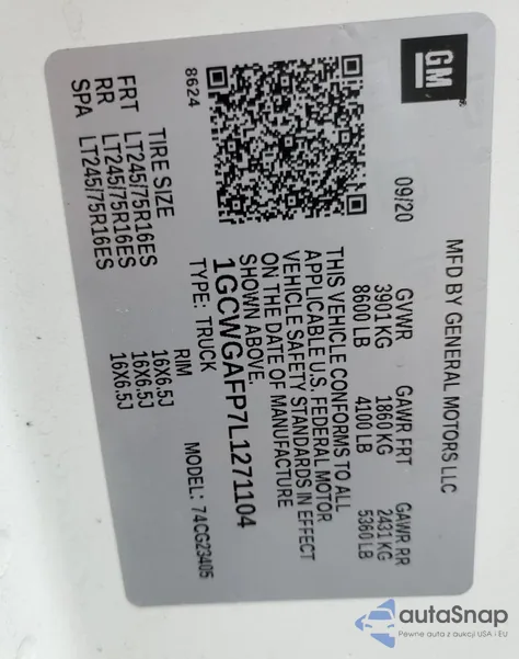 2020 Chevrolet Express G2500 from USA, damaged, VIN 1GCWGAFP7L1271104